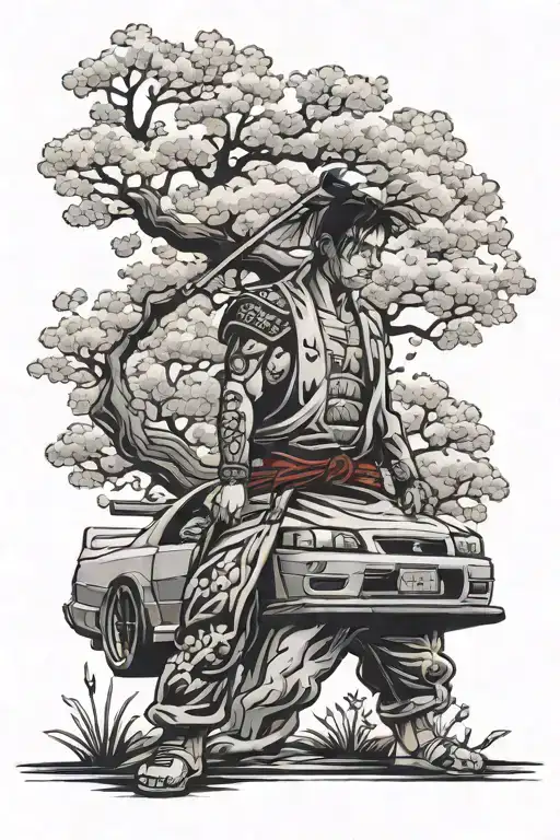 Samurai Stands Next To A Nissan Skyline R34 Under A Cherry Blossom Tree