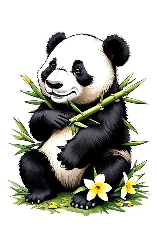 Panda Eating Bamboo With Daffodils Around Him