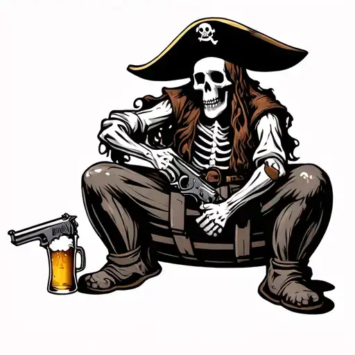 Skeleton Pirate Sitting On A Barrel Holding A Gun And Beer