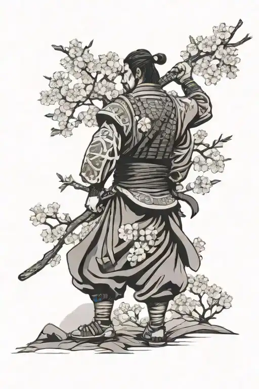 Samurai Stands Next To A Nissan Skyline R34 Under A Cherry Blossom Tree