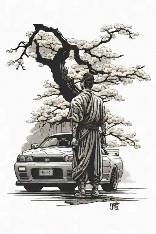 Samurai Stands Next To A Nissan Skyline R34 Under A Cherry Blossom Tree