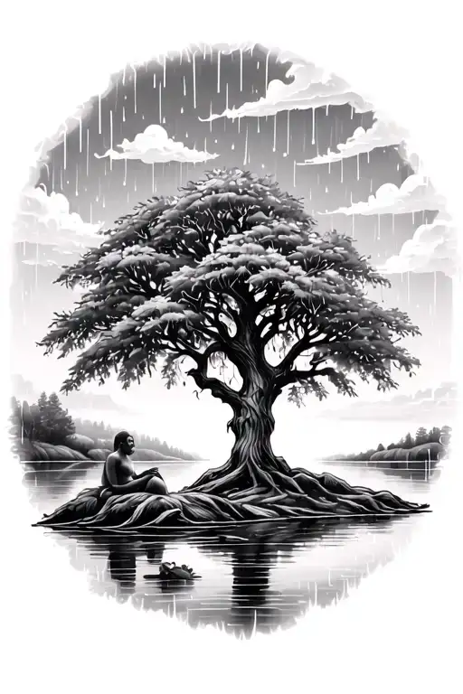 Willow Tree Sitting On Jordan River With Sky And Rain