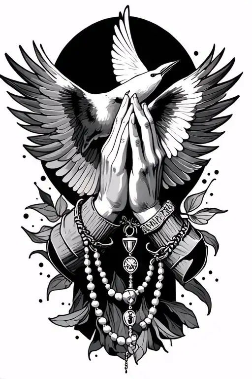 Praying Hands With A Rosary And A Bird Flying