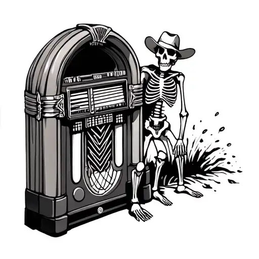 Cowboy Skeleton Standing Next To A Jukebox