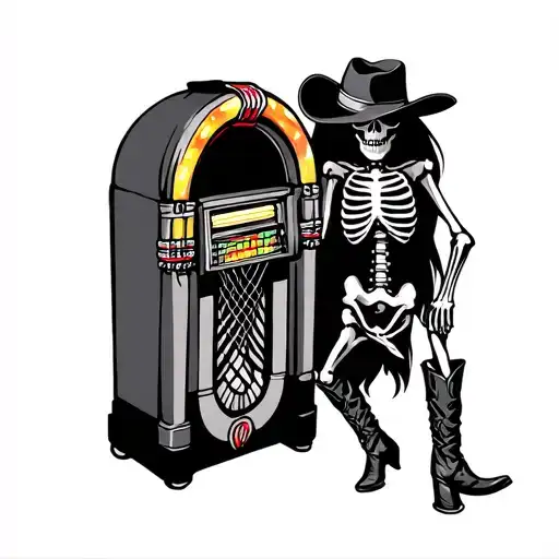 Cowboy Skeleton In Boots With Hat Covering Eyes Standing Next To A Jukebox
