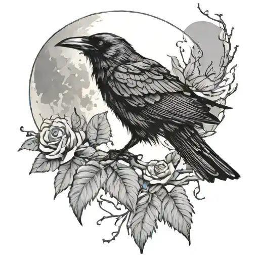Crow Perced On A Branch With A Full Moon Behind Nightshade Flower
