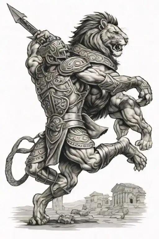 Lion And Coliseum Gladiator Fighting