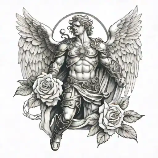 Male Guardian Angel Warrior Holding Roses Surrounded By Doves