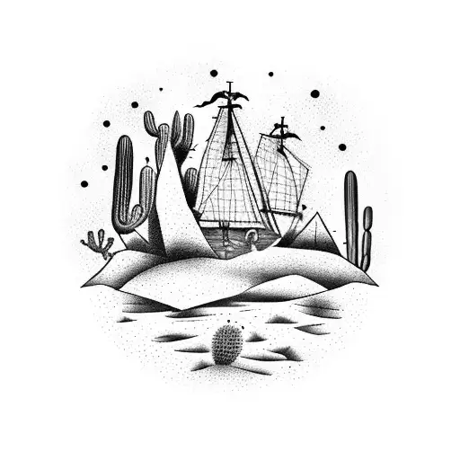 A Dotwork Tattoo Of A Pirate Ship Sailing Through A Desert Landscape Filled With Cacti