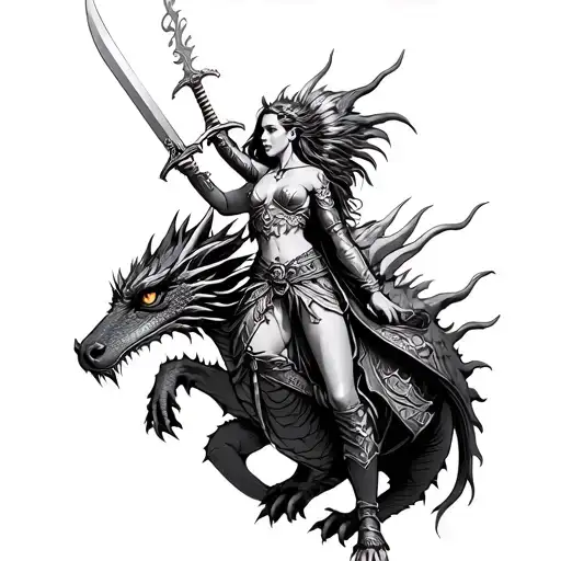 Valkyrie Holding Sword Riding A Dragon