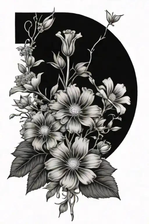 Small Fine Line Flower Bouquet With Two Aster Flowers And One Morning Glory On Stems