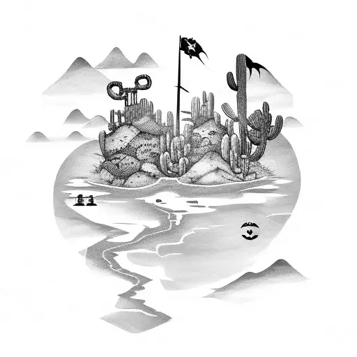 A Black-grey Tattoo Of A Pirate's Treasure Map With A Cactus Marking The Location