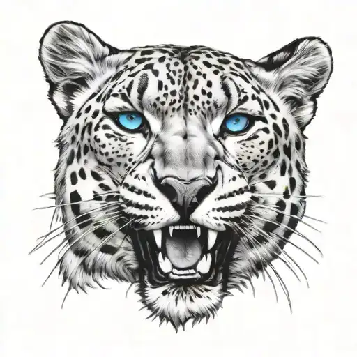Snow Leopard With Greek Acroppollis Background With Blue Eyes Showing Teeth