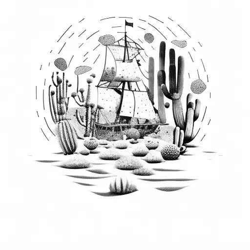A Dotwork Tattoo Of A Pirate Ship Sailing Through A Desert Landscape Filled With Cacti