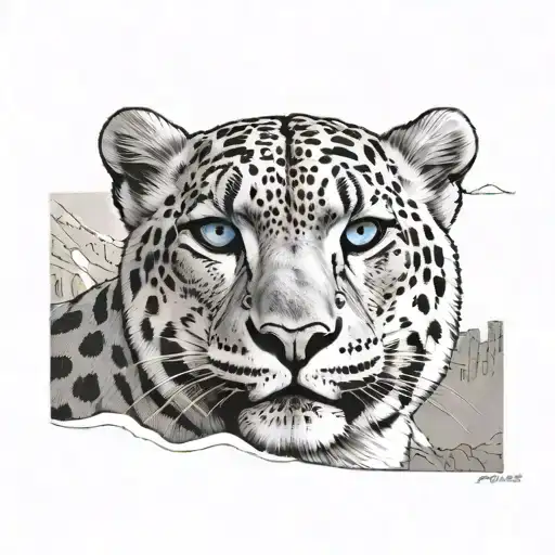 Snow Leopard With Greek Acropolis Background With Blue Eyes Showing Teeth