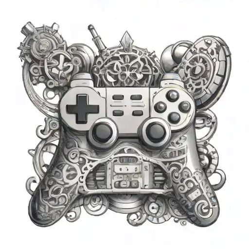 An Intricate Mandala Tattoo Featuring Elements Of Gaming Controllers And Musical Instruments