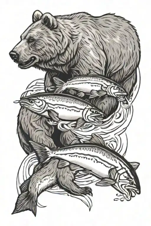 Mother Bear And Her Cubs Catching A Salmon