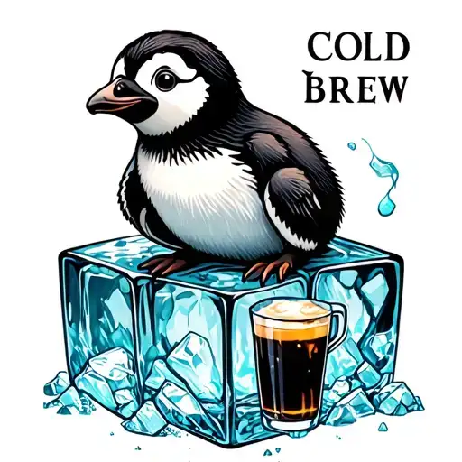 Baby Penguin Sitting On An Ice Cube With Cold Brew Written On Each Side