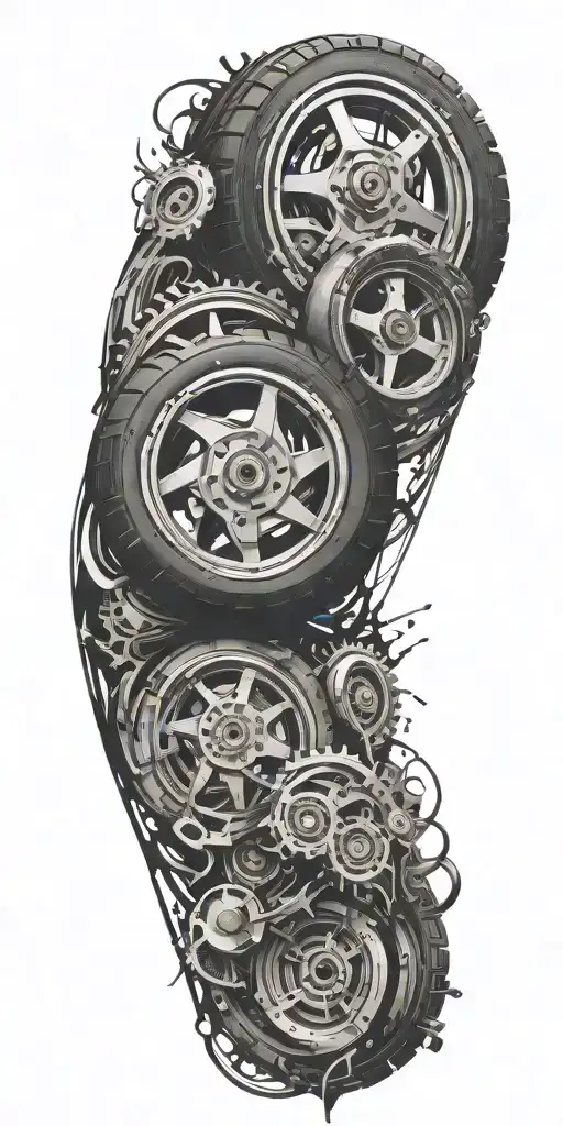 An Abstract Composition Of Tire Tracks And Engine Parts Merging Into A Dynamic And Energetic Design