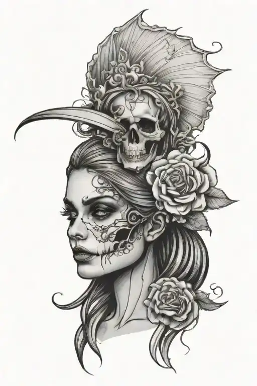Woman Face Skull Decoration Lines And Design