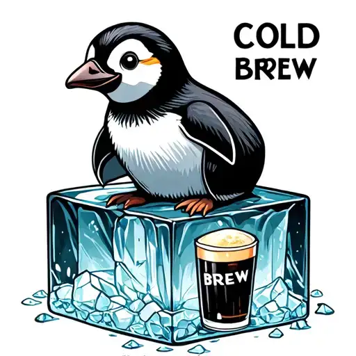 Baby Penguin Sitting On An Ice Cube With Cold Brew Written On Each Side