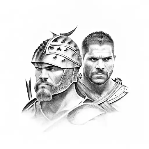 Spartacus Facing Off Against A Roman Soldier In A Black-grey Style