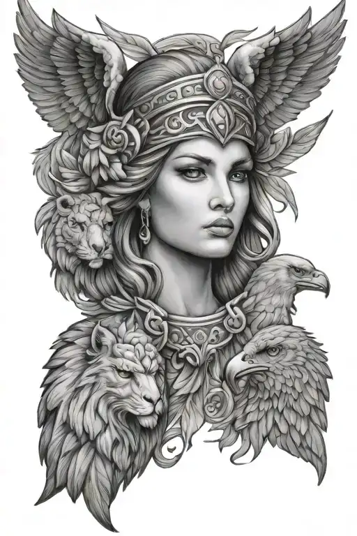 Athena And Eagle And Lion