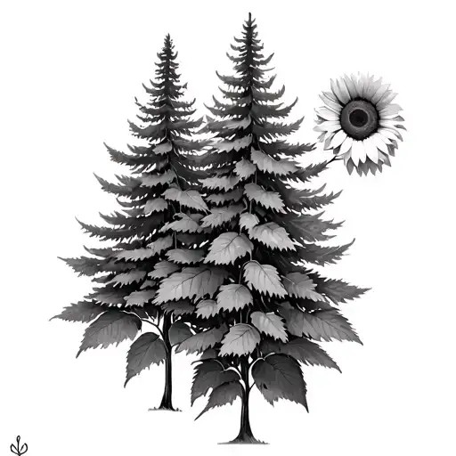 Spruce Trees With Small Sunflower Growing