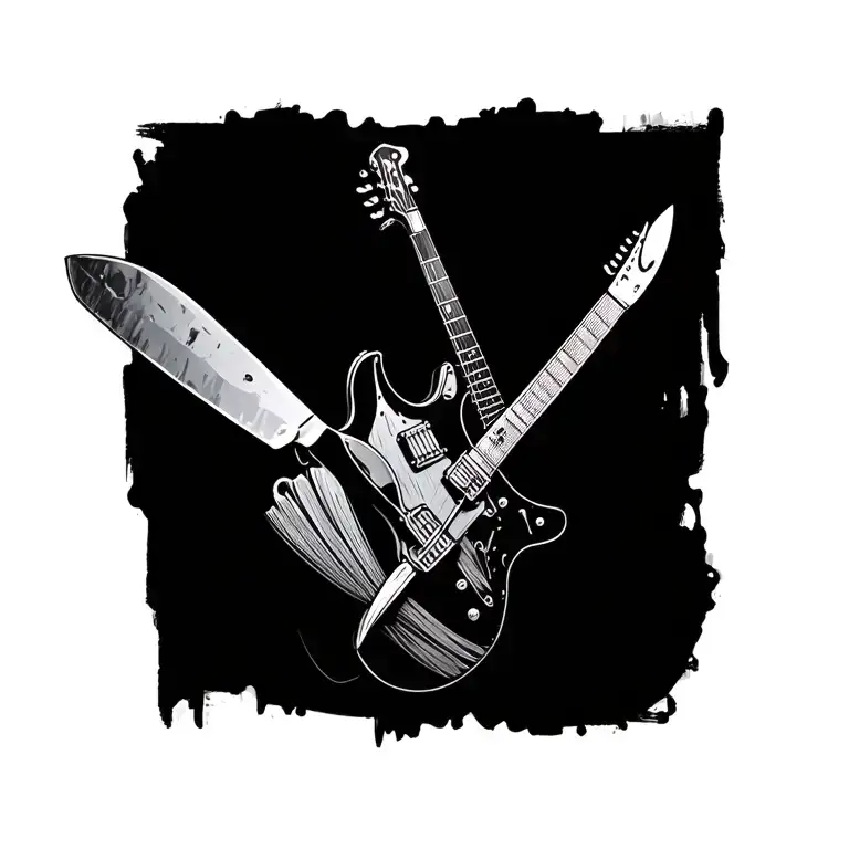 A Guitar And Chefs Knife Crossed