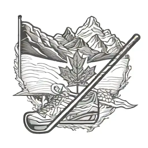 Canadian Flag With Hockey Stick With Mountains In Background
