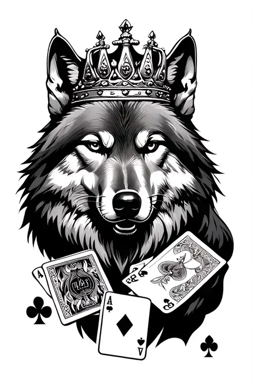 Lone Wolf Wearing A Crown With A Time Clock And Ace Of Cards