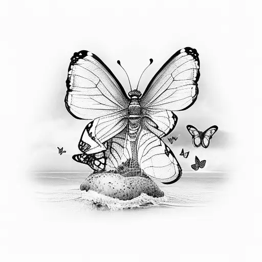 Mother And Son Beach Scene With Butterflies