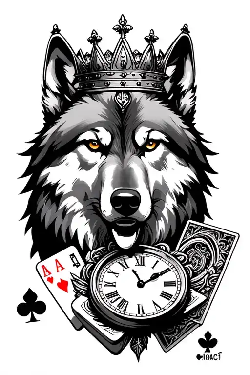 Lone Wolf Wearing A Crown With A Time Clock And Ace Of Cards