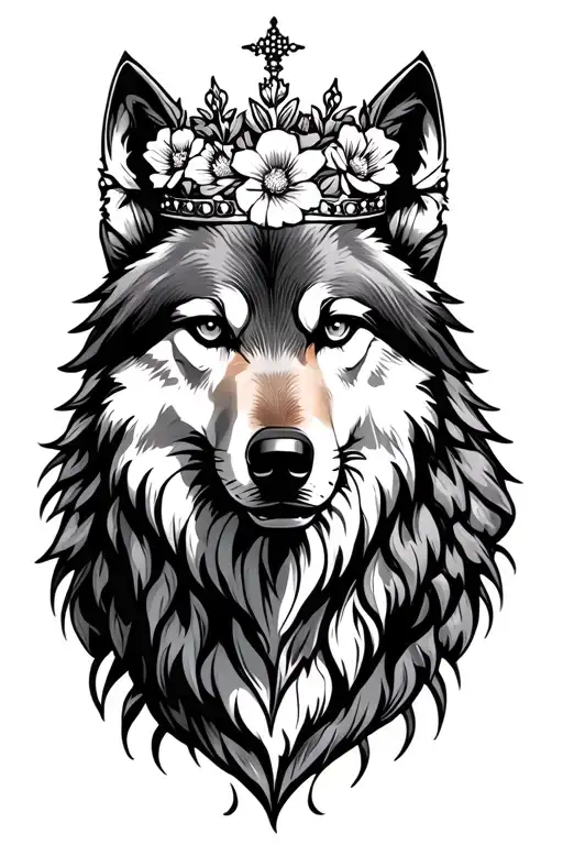 Lone Wolf Wearing A Crown With Flowers
