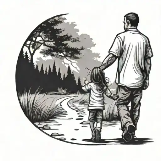Dad Walking With Daughter Holding Hands Black Ink Outline With Footprint