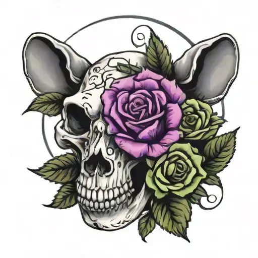 Rat Skull With Purple Roses And Green Leaves