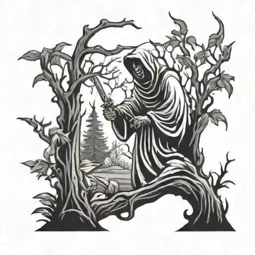 Grim Reaper Emerging From A Dense Forest Scene