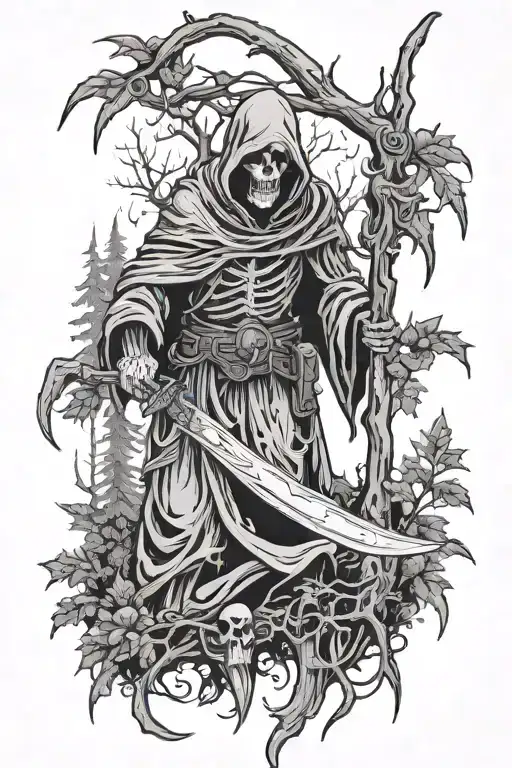 Grim Reaper Emerging From A Dense Forest Surrounded