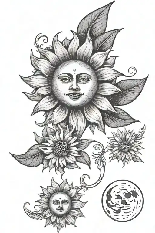 Two Matching Tattoos On Biceps Of A Sun & A Crescent Moon With Daisies