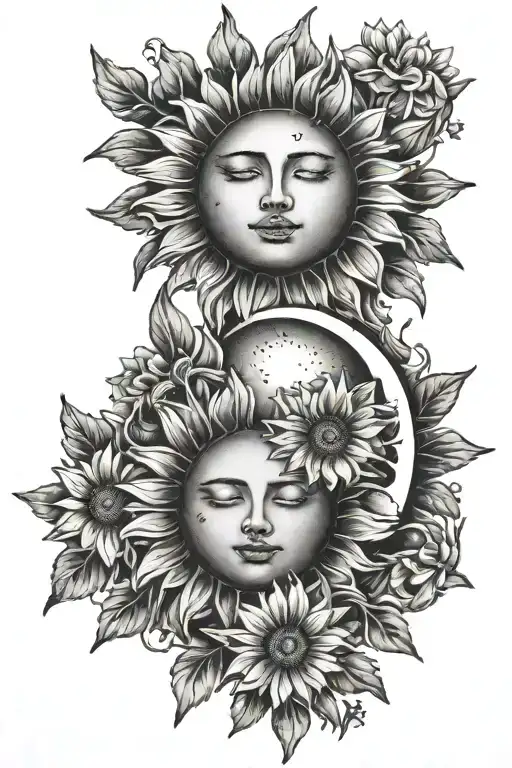 Two Matching Tattoos On Biceps Of A Sun & A Crescent Moon With Daisies Without Faces