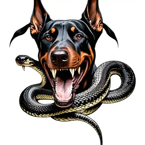 Evil Doberman Dog Shwoing Teeth With Snake Showing Fangs Intertwined