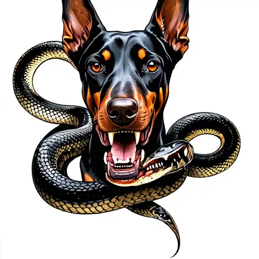 Evil Doberman Dog Shwoing Teeth With Snake Showing Fangs Intertwined