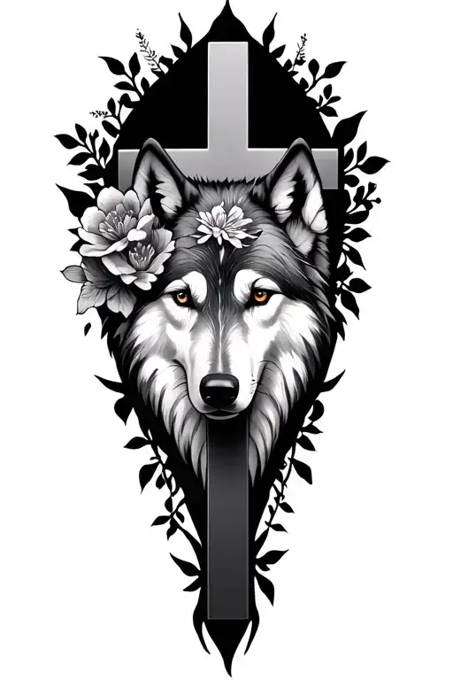 Cross With White Wolf And Flowers