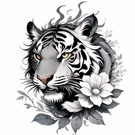Tiger And Dragon Tattoo With Flowers