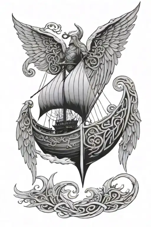 Viking Ship With Celtic Angel Wings