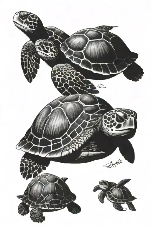 1 Momma Sea Turtle With 6 Baby Sea Turtles Swimming