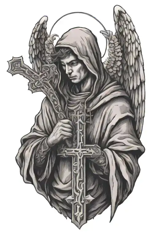 Angel Holding A Cross With A Hoodie On Their Head And Wearing All Black