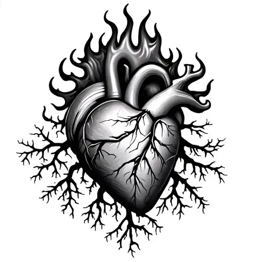 Medical Heart With Fire On Top And Roots Growing Out The Bottom