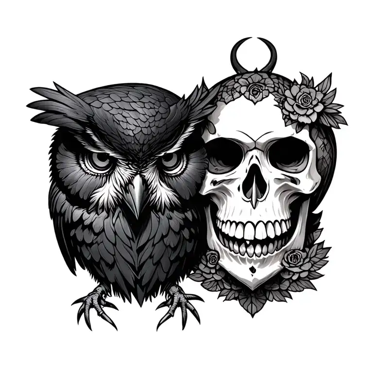 Skull And Raven And Owl Surrounded