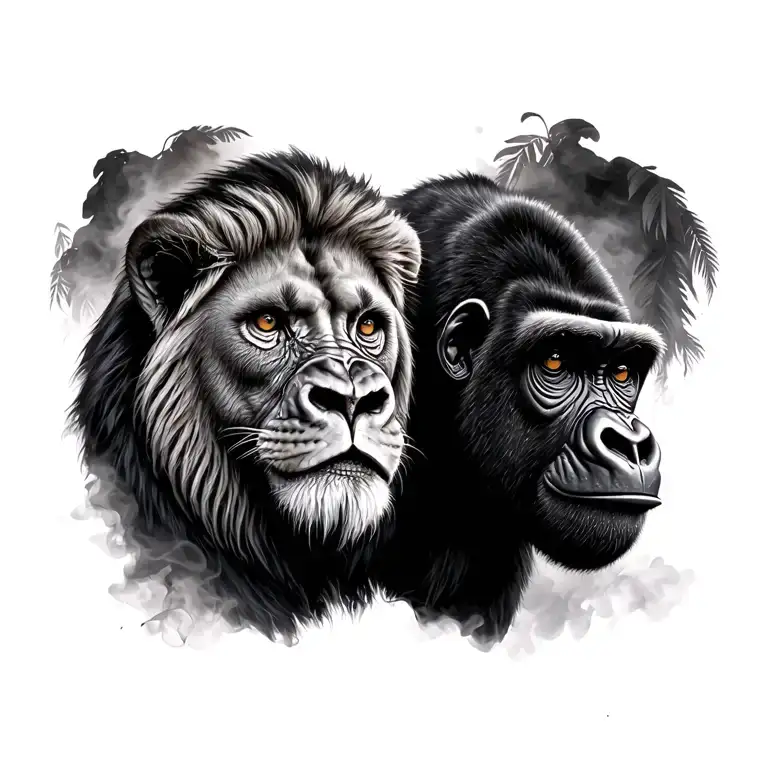 Lion And Gorilla With Smokey Jungle Background